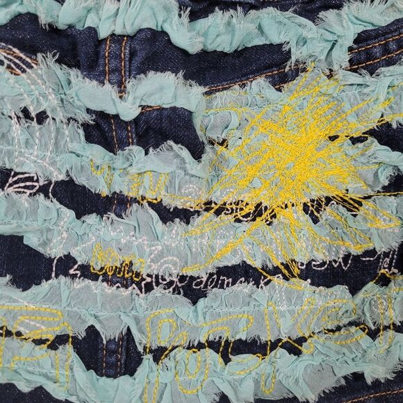 Nolita Size 4 Girls Mini Denim Skirt with Aqua Ruffle And Stitched Graphic - Picture 3 of 6